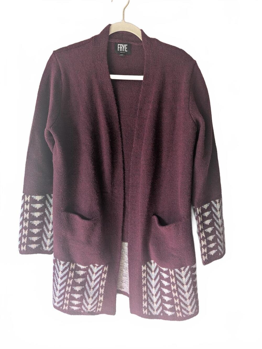 Frye Burgundy Knit Cardigan with Patterned Cuffs and Hem